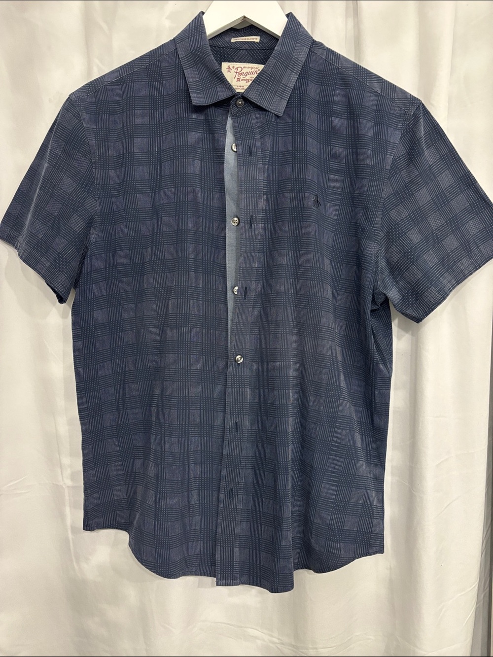 Original Penguin Men's Navy Blue Check Short-Sleeve Button-Down Shirt
